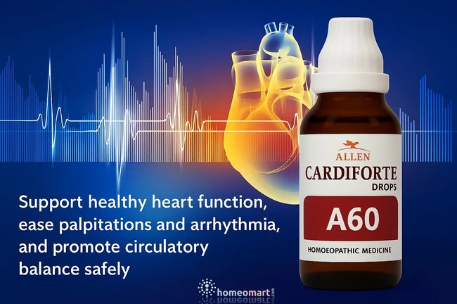 Bottle of Allen Cardiforte Drops A60 with heart illustration and text on a blue background