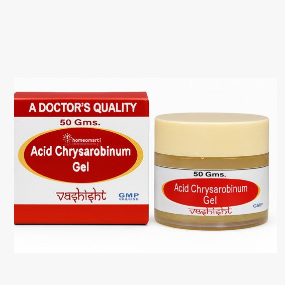 Vashishth Acid Chrysarobinum Gel packaging with red and white design on a white background