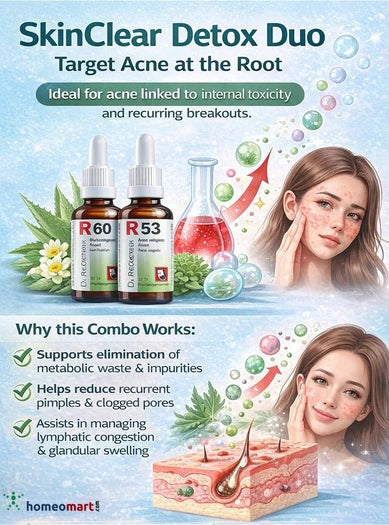 Advertisement for SkinClear Detox Duo with bottles, a woman with acne, and a healthy skin illustration.
