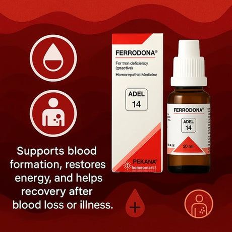 Ferrodona homeopathic medicine packaging and bottle on a red background with anemia icons