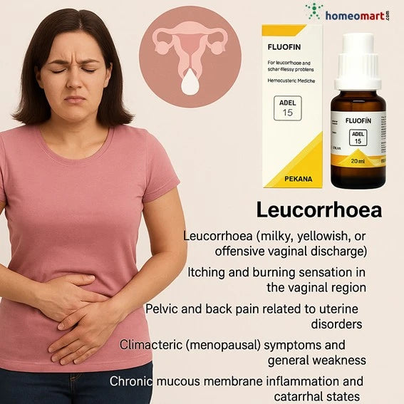 ADEL 15 Fluofin Drops 20ml for leucorrhoea, itching, yellow discharge, and pelvic pain. Homeopathic drops for female reproductive health.