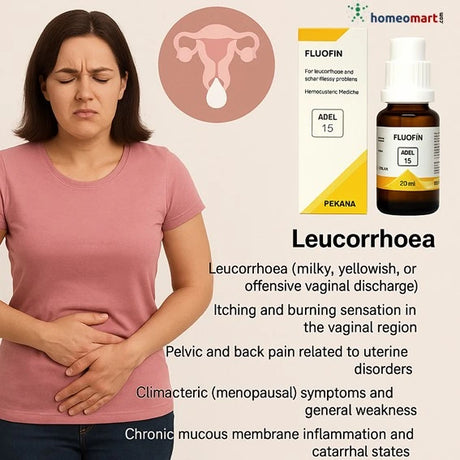 ADEL 15 Fluofin Drops 20ml for leucorrhoea, itching, yellow discharge, and pelvic pain. Homeopathic drops for female reproductive health.
