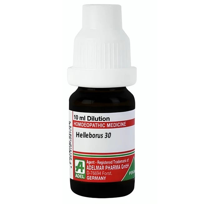 Bottle of Adelmar Pharma Helleborus 30 homeopathic medicine on a white background