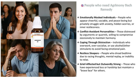 Collage of people with text about Agrimony Bach Remedy and its uses.