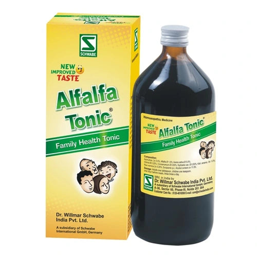 Alfalfa Tonic bottle and packaging with Dr. Willmar Schwabe India Pvt. Ltd. branding on a white background.