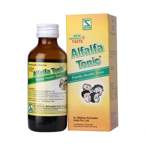 Alfalfa Tonic bottle and packaging on a white background