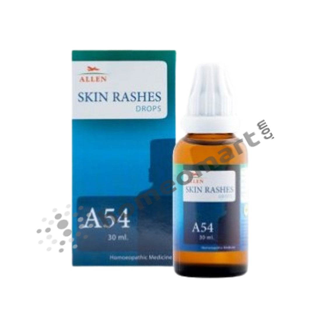 Relieve itchy, dry, and allergic skin conditions with Allen A54 Drops. Natural homeopathy for eczema, rashes, and hives. Safe and effective.