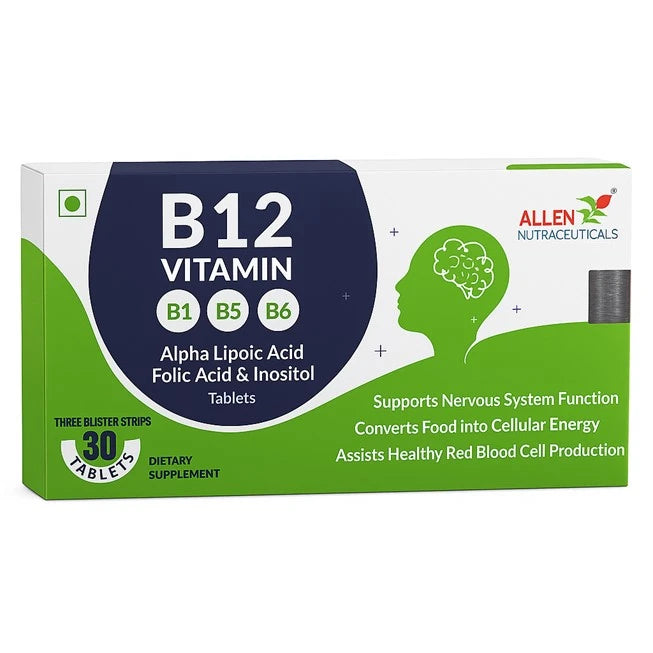 Box of Allen Nutraceuticals B12 Vitamin supplement on a white background