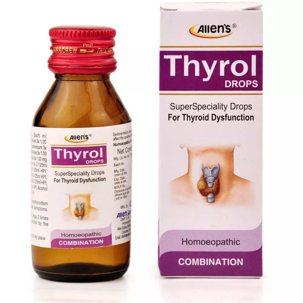 Allen's Thyrol Drops regulate thyroid gland function, relieve hyperthyroidism symptoms, and address anemia, weight loss, and muscular weakness