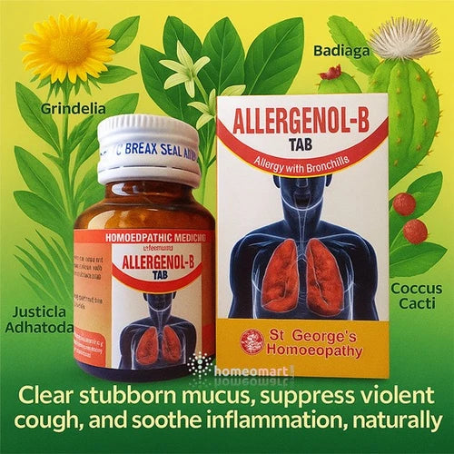 St George Allergenol-B Tablets combine powerful botanicals like Grindelia, Justicia Adhatoda, and Coccus Cacti to break down mucus, calm allergic cough, and restore easy breathing. Perfect for those struggling with bronchitis, wheezing, or chest tightness — naturally effective and free from side effects.