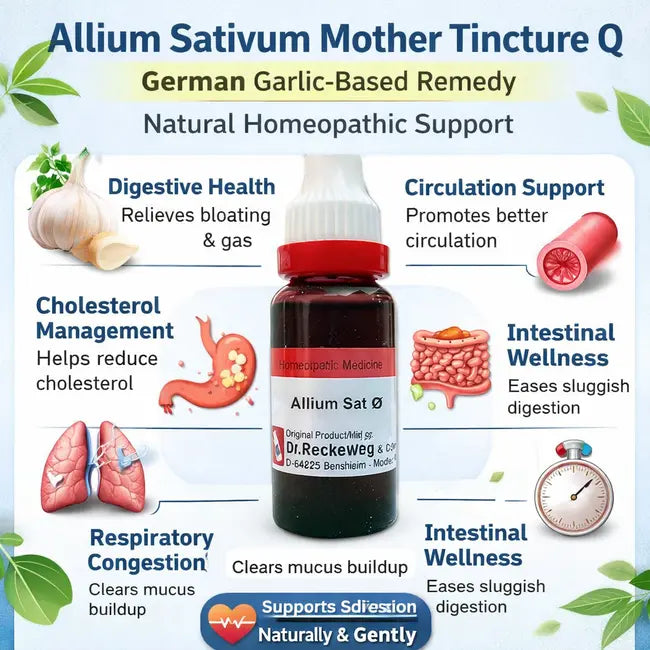 homeopathic medicine for gas bloating and indigestion, natural remedy for high cholesterol and blood circulation, garlic homeopathic medicine for acidity and flatulence, Allium Sativum Q for mucus and sinus congestion, homeopathic medicine for heavy eating habits, natural digestive tonic for sluggish metabolism,
