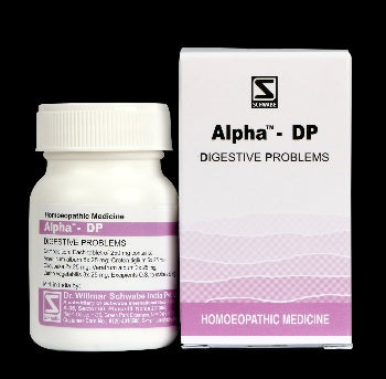 Alpha-DP homeopathic medicine bottle and packaging on a black background