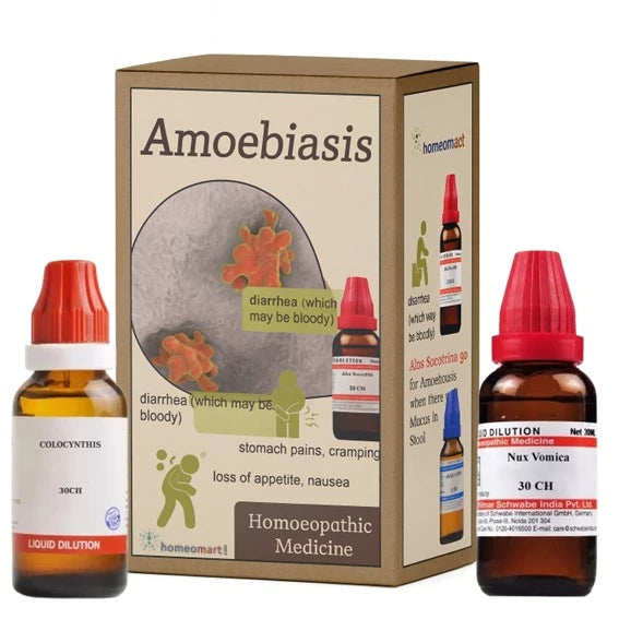 Homeopathic medicine for amoebiasis with packaging and bottles on a white background
