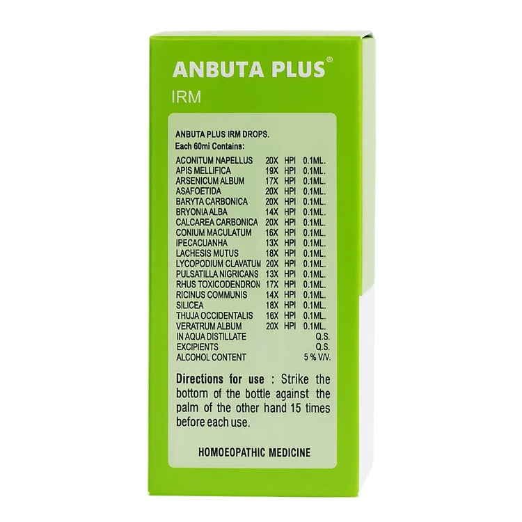 Green box of Anbuta Plus IRM drops with ingredient list on a white background