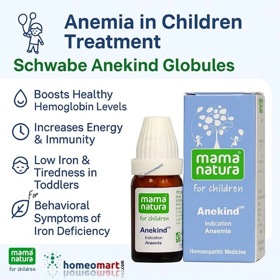 Mama Natura Anekind Globules bottle and packaging with infographic on Anemia in children treatment on a white background
