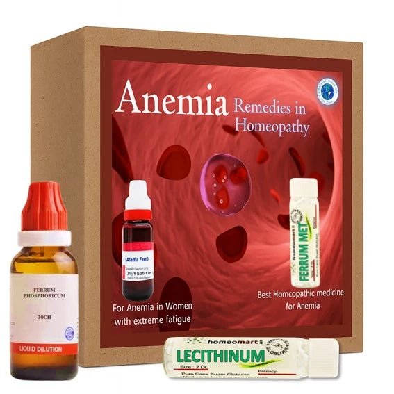 Anemia remedies in homeopathy with packaging and products displayed.