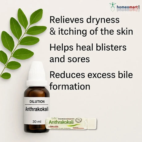 Anthrakokali Dilution is a homeopathic remedy primarily indicated for chronic skin ailments, cracking of hands and feet, and rheumatic conditions.
