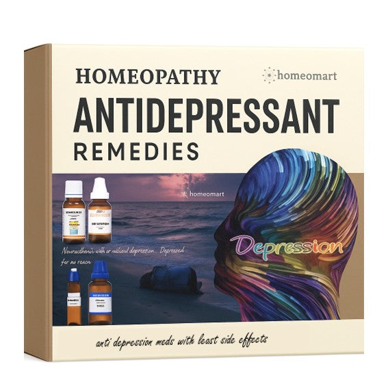 Box of homeopathy antidepressant remedies with colorful depiction of a head and ocean indicating Anti Depression Meds with Least Side Effects