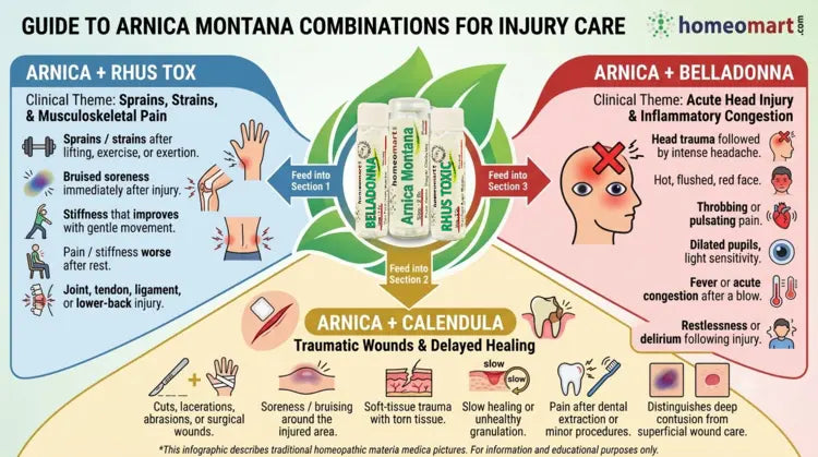 Arnica Montana and Belladonna combination, Arnica Montana and Calendula combination, Arnica Montana and Rhus Toxicodendron combination, Arnica Montana for traditional homeopathic use