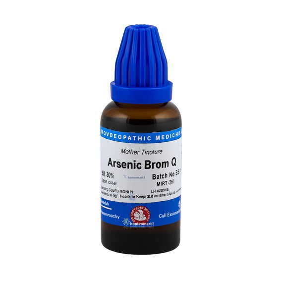 Bottle of Arsenicum Bromatum Q with blue cap on a white background