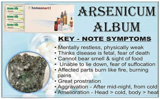 Homeopathy product information sheet for Arsenicum Album with symptoms and homeopathic benefits