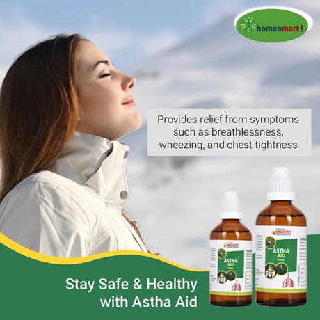 Bakson's Astha Aid Drops, a homeopathic solution for breathlessness, wheezing, and chest tightness. Improve respiratory health naturally