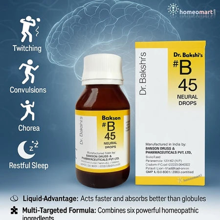 Powered by clinically known homeopathy ingredients like Agaricus, Zincum & Magnesium Phos.,B45 drops restores neurological calm and promotes restful sleep—fast and effectively in liquid form.