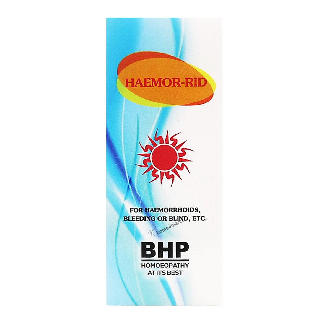 Packaging of BHP Haemor Rid Syrup, which is a homoeopathic syrup for piles, fistula, bleeding, or blindness, depicting the brand logo, product name, and key symptoms it relieves.