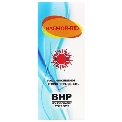 Packaging of BHP Haemor Rid Syrup, which is a homoeopathic syrup for piles, fistula, bleeding, or blindness, depicting the brand logo, product name, and key symptoms it relieves.