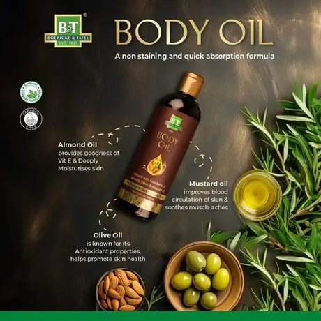 B&T Body Oil nourishes skin, relieves muscle tension & boosts circulation with Almond, Olive & Mustard oils. Deep hydration & relaxation in every massage.