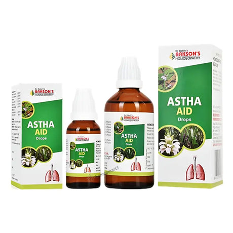 Bakson's Astha Aid Drops, a homeopathic solution for breathlessness, wheezing, and chest tightness.