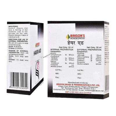 Bakson Hair Aid Drops Twin pack for dandruff, premature greying product information on carton