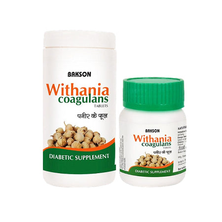 Bakson Withania Coagulans Diabetic Supplement tablets, with packaging depicting the product name and an image of the withania coagulans plant.