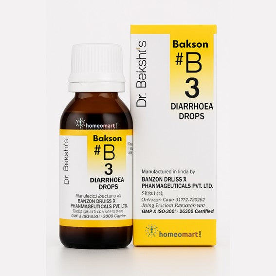 Dr. Bakshin's Bakson B3 Diarrhoea Drops bottle and packaging on a white background