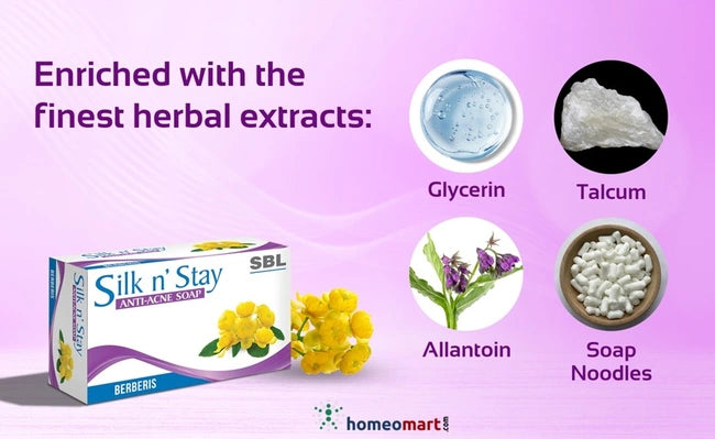 Soap Enriched with Berberis for acne control, Neem for antibacterial action, Allantoin to soothe skin, and Glycerin for lasting hydration and softness.