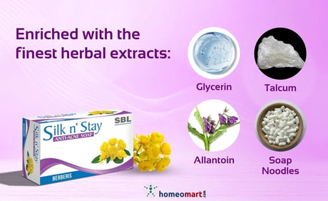 Soap Enriched with Berberis for acne control, Neem for antibacterial action, Allantoin to soothe skin, and Glycerin for lasting hydration and softness.