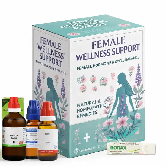 Box labeled 'Female Wellness Support' with homeopathy bottles for female infertility treatment