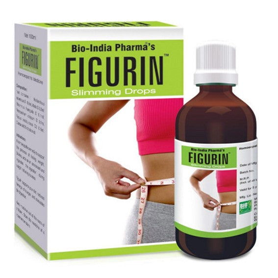 Packaging and bottle of Bio India Figurin Slimming Drops, marketed for weight loss and obesity treatment.