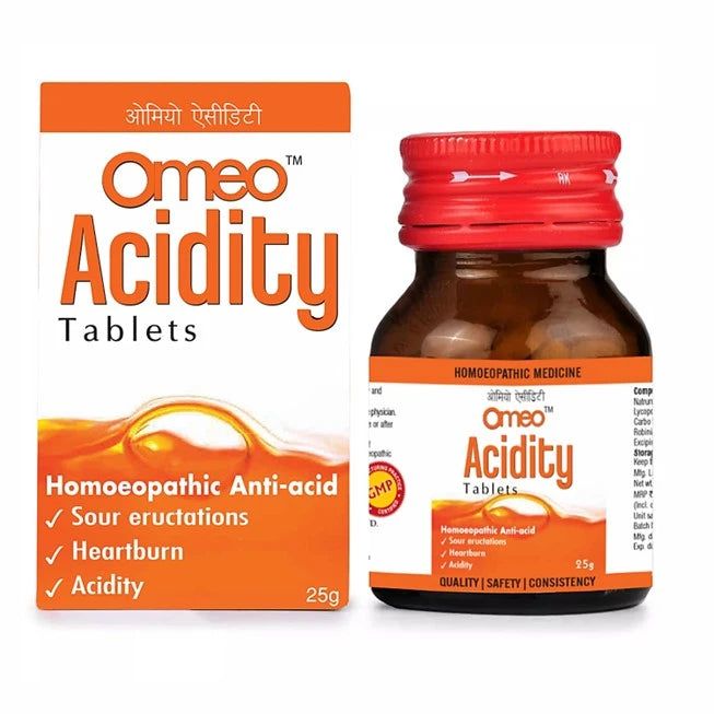 Omeo Acidity Tablets packaging and bottle on a white background