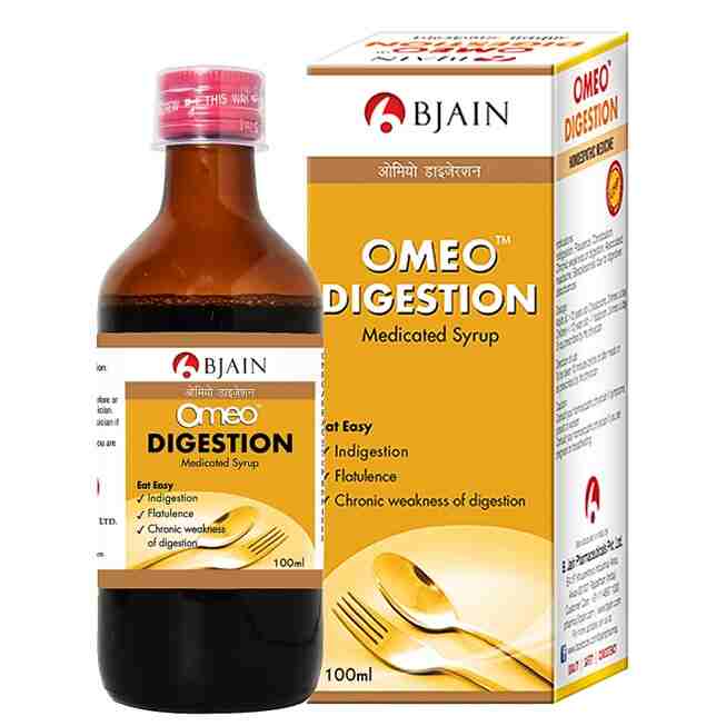 Bottle and box of Omeo Digestion syrup with Bjain branding on a white background