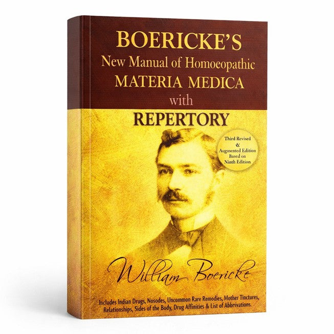 Book titled 'Boericke's New Manual of Homoeopathic Materia Medica with Repertory' featuring a portrait on the cover.