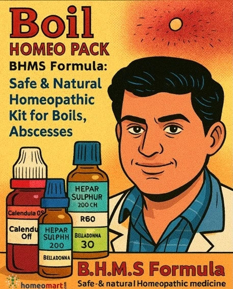 Advertisement for a homeopathic kit for boils and abscesses with a cartoon carricature doctor and homeopathic bottles.