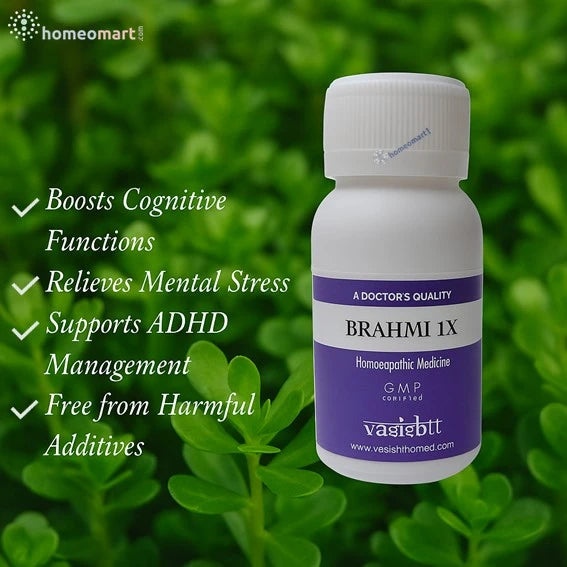 Bottle of Brahmi 1X homeopathic tablets with green leaves of Brahmi plant in the background with benefits info