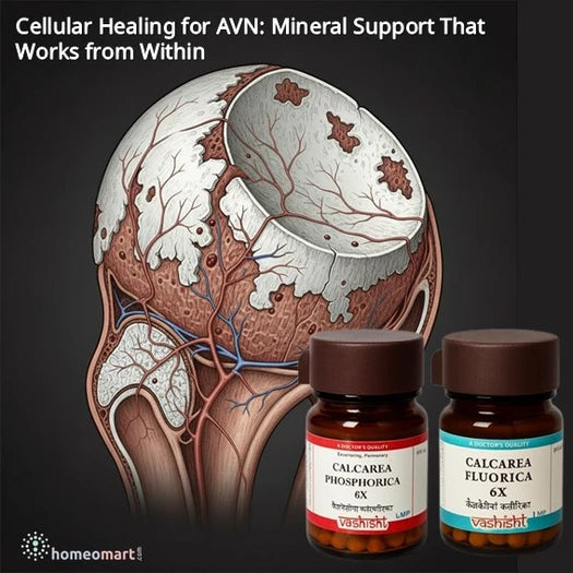 Illustration of a medical bone diagram with two homeopathic medicine bottles labeled 'Calcarea Phosphorica 6X' and 'Calcarea Fluorica 6X' on a dark background highlighting AVN condition