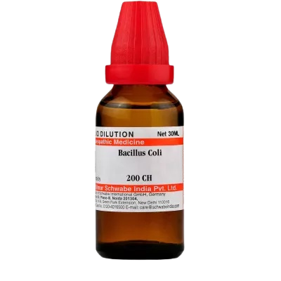 Bottle of Bacillus Coli homeopathic medicine with a red cap on a white background