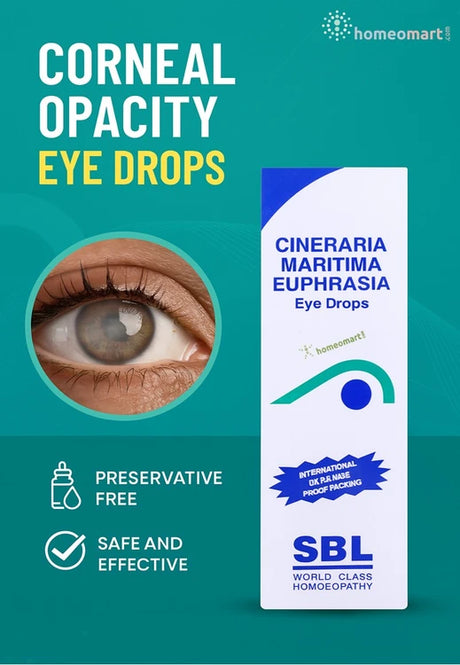 Cineraria Maritima Euphrasia eye drops packaging with an eye close-up on a teal background highlighting  Corneal Opacity