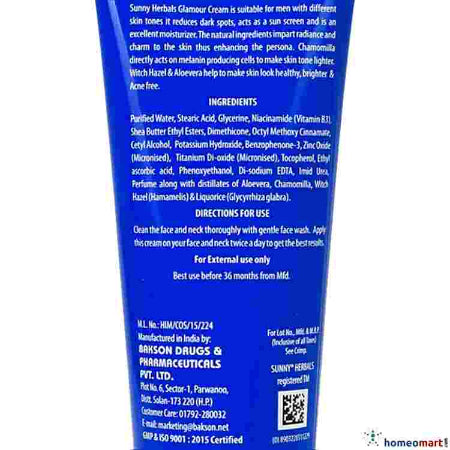 Indications, Ingredients & Directions for use of Sunny Herbals Glamour Cream for men