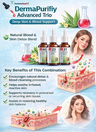 Advertisement for DermaPurify Advanced Trio with product bottles and skin detox benefits illustration.
