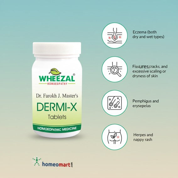 Wheezal Dermi-X Tablets packaging with skin benefits on a gradient background