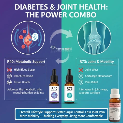 Homeopathy product advertisement for diabetes and joint health with images and text.